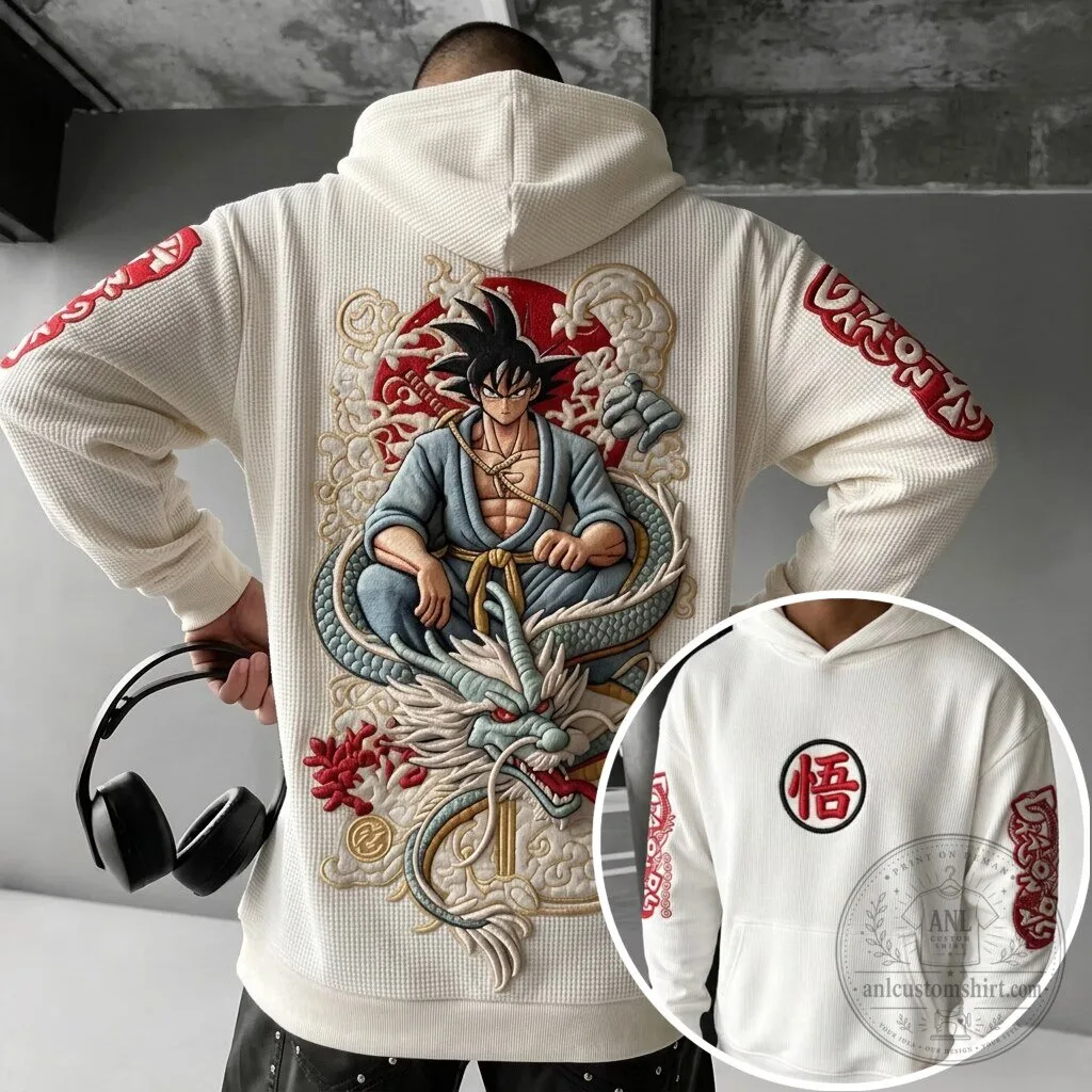 Dragon Ball Z Son Goku and Shenron Embroidered Waffle Knit Hoodie