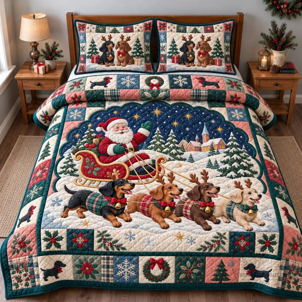 Dachshund Santa Sleigh Ride Christmas Holiday Quilted Bedding Set Dachshund Santa Sleigh Ride Christmas Holiday Quilted Bedding Set