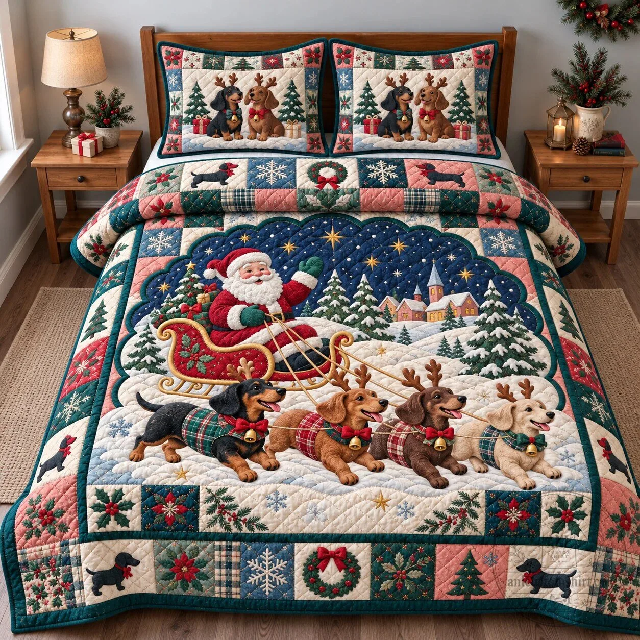 Dachshund Santa Sleigh Ride Christmas Holiday Quilted Bedding Set 5 Dachshund Santa Sleigh Ride Christmas Holiday Quilted Bedding Set