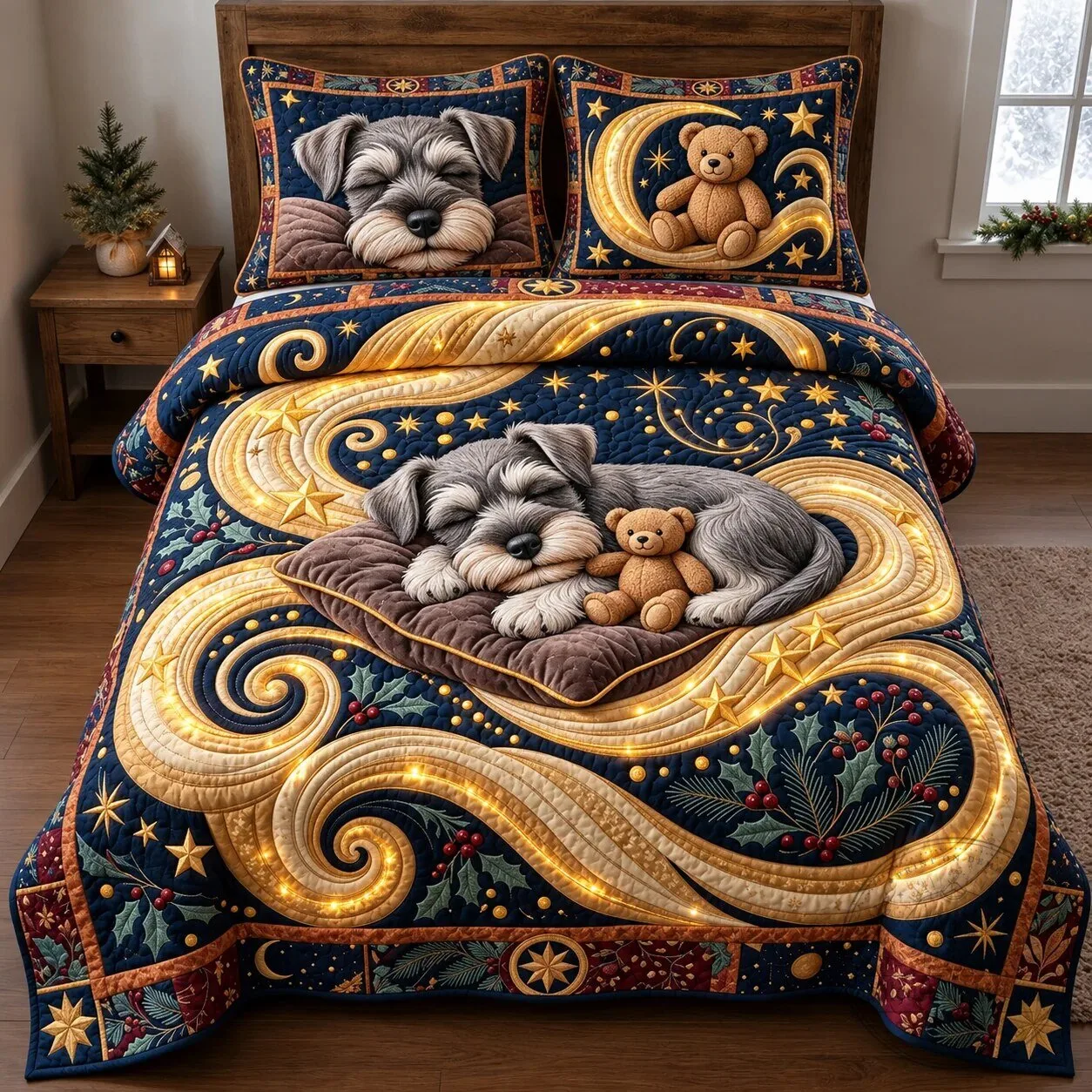 Sleeping Schnauzer Dog and Teddy Bear Christmas Quilted Bedding Set 7 Sleeping Schnauzer Dog and Teddy Bear Christmas Quilted Bedding Set